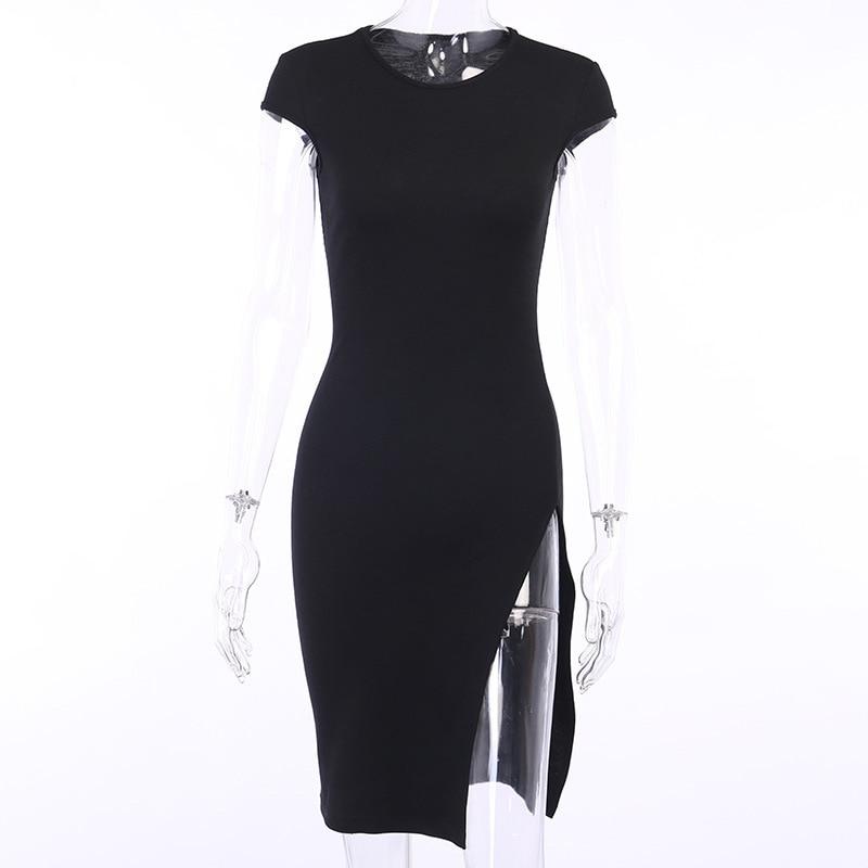 Woman Fashion Ribbed Short Sleeve High Slit Bodycon Dress