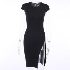 Woman Fashion Ribbed Short Sleeve High Slit Bodycon Dress