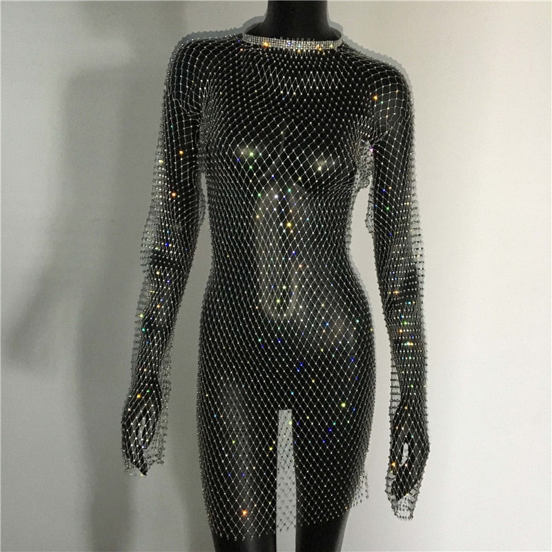Bling Rhinestones Fishnet Mini Dress Sexy Long Sleeve Crystal Dress