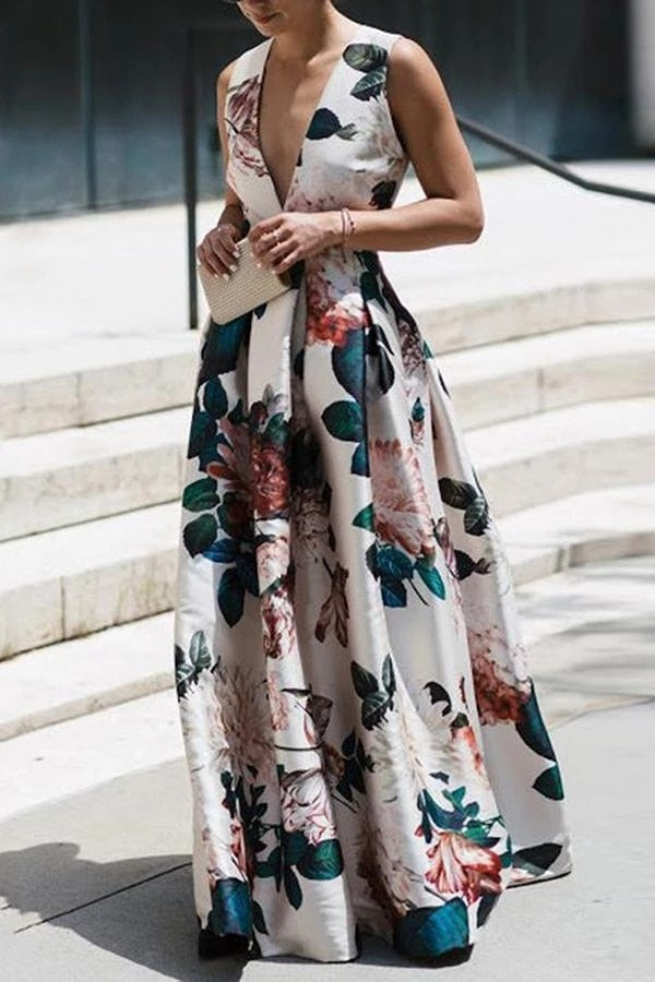 Summer Trendy Sleeveless Deep V Neck Full Length Prom Dresses