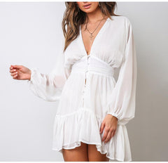 V Neck WomenSpring Summer Dress Lace Long Sleeve Mini Party Dress