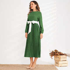 Summer New Fashion WomenRound Neck Polka Dot Waist Slimming Belt Long Pleated Lantern Sleeve Sweet and Versatile Dress