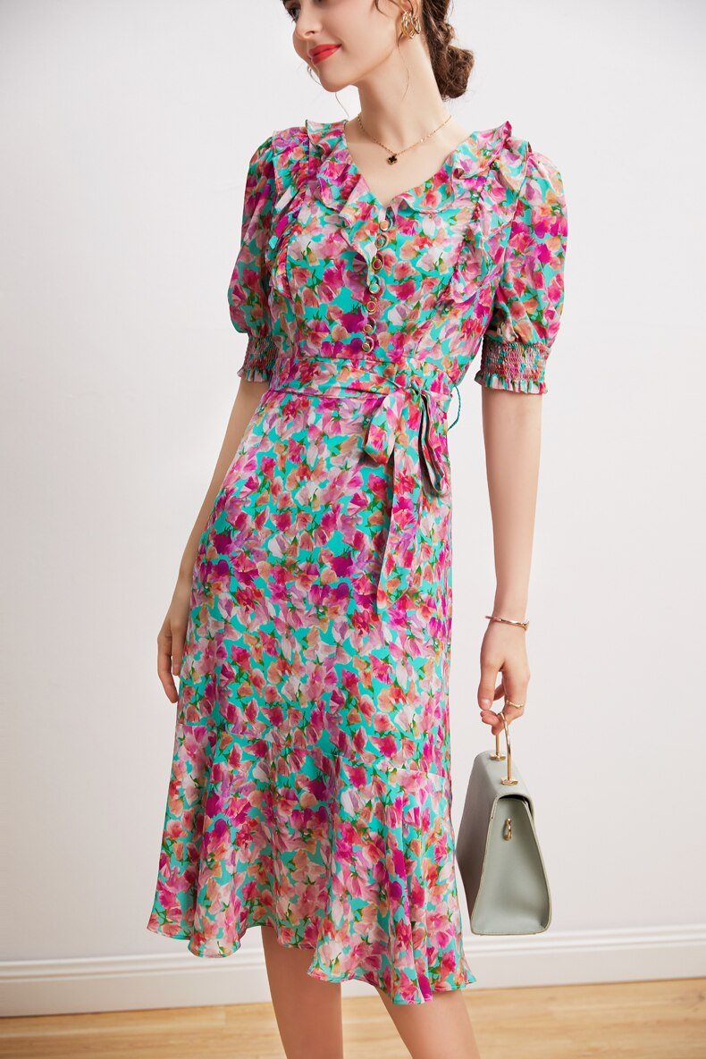 V Neck Short Sleeves Ruffles Sash Belt Printed Fashion Summer Dress