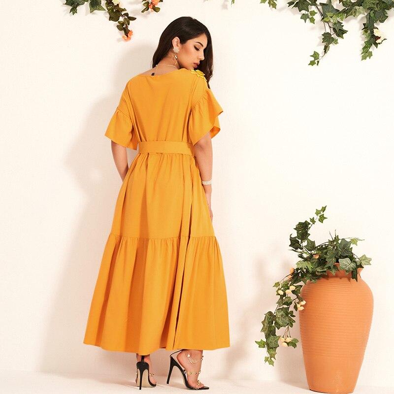 WomenFashion Jacquard Embroidery Trumpet Sleeve Bow Tie Belt Was Thin and Waisted All-match Long Dress