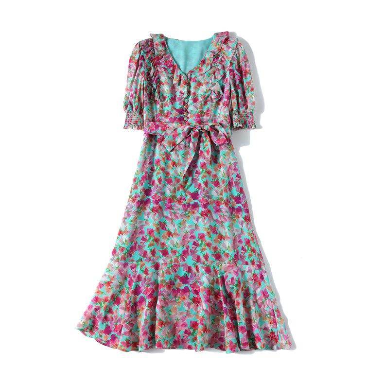 V Neck Short Sleeves Ruffles Sash Belt Printed Fashion Summer Dress