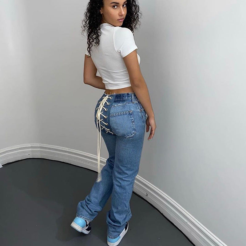Street Fashion Fitness Trousers Hip Bandage Lace Up Vintage Pants