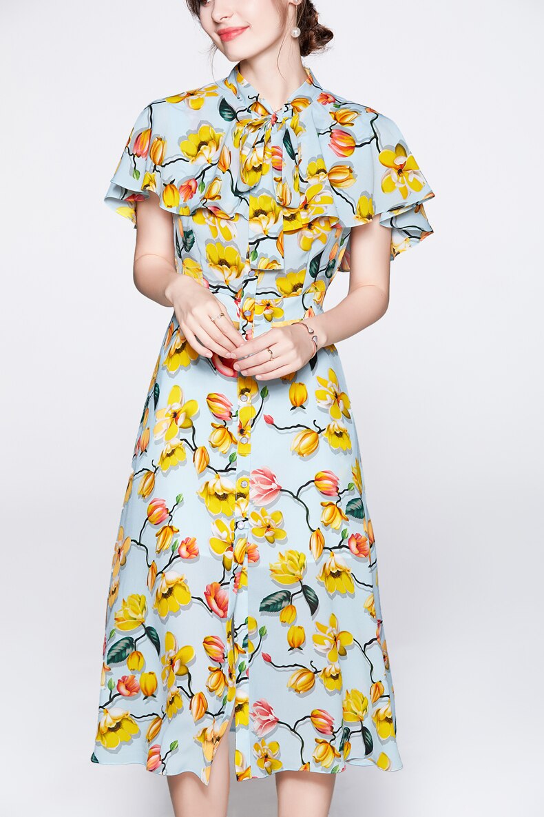 Lace Up Bow Collar Ruffles Printed Cape Sleeves Elegant Holiday Dress