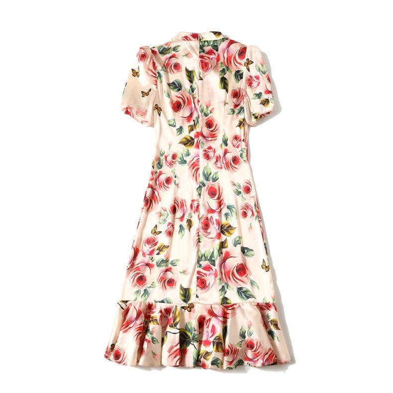 Vintage Stand Collar Short Sleeves Floral Printed Ruffles Elegant Dress Vestidos