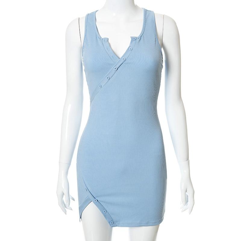 Split Button Sleeveless V Neck Bodycon Mini Dress