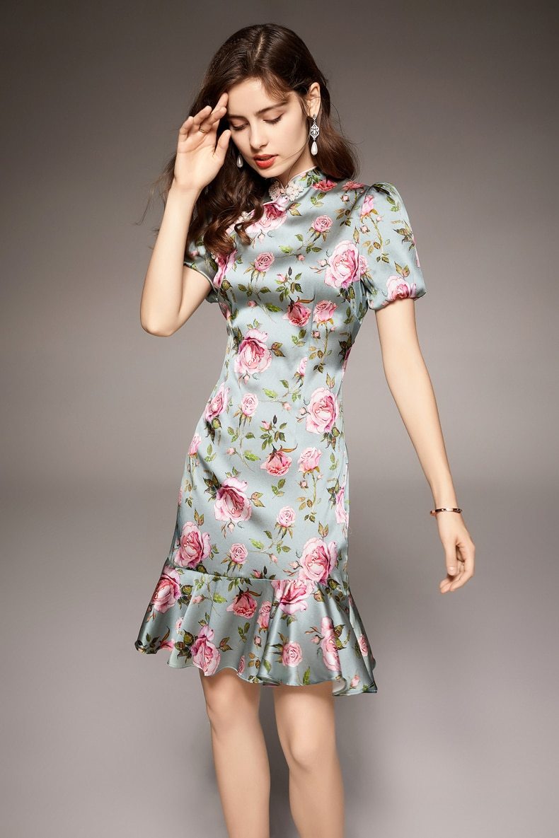 Vintage Stand Collar Short Sleeves Floral Printed Ruffles Elegant Dress Vestidos