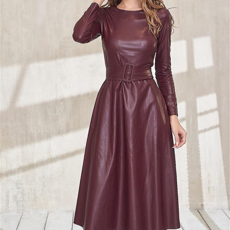 Fit And Flare Winter Dress a Line Pockets Pu Leather Midi Dress