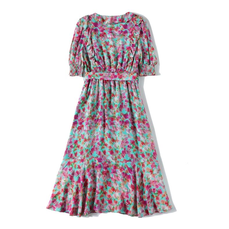V Neck Short Sleeves Ruffles Sash Belt Printed Fashion Summer Dress