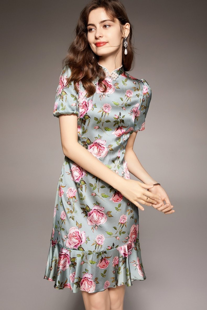 Vintage Stand Collar Short Sleeves Floral Printed Ruffles Elegant Dress Vestidos