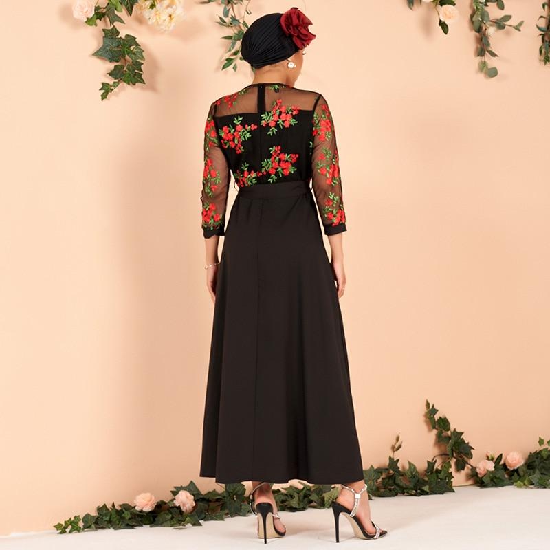 Ladies Embroidery Mesh Color Matching Waist Long-sleeved Arab Dress Banquet Dress Long Black Dress