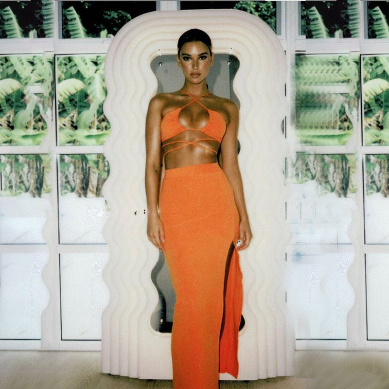 Bandage Cut Out Sexy Halter Neck Top and Skirts Set