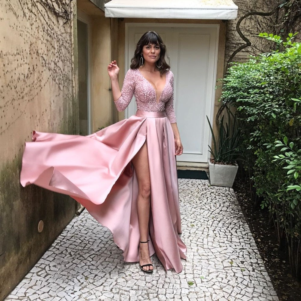 Solid V-Neck Long Sleeve Celebrity Party Maxi Dress