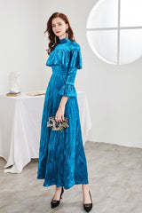 O Neck Long Sleeves Beaded Ruffles Elegant A Line Maxi Party Prom Dress