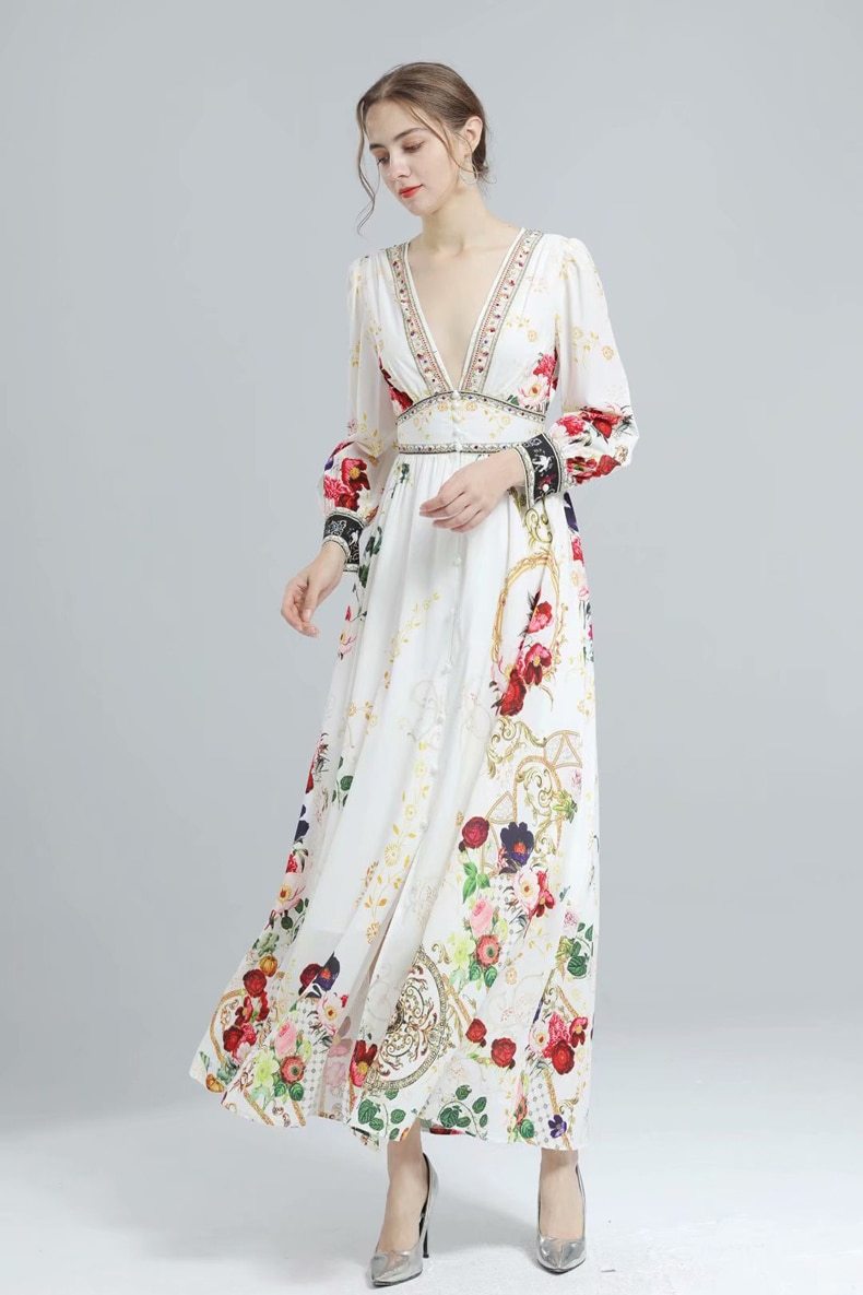 Long Sleeves Split Front Floral Printed High Street Fashion Dresses