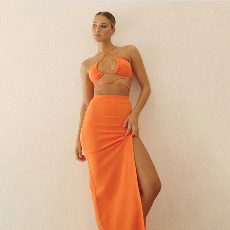 Bandage Cut Out Sexy Halter Neck Top and Skirts Set