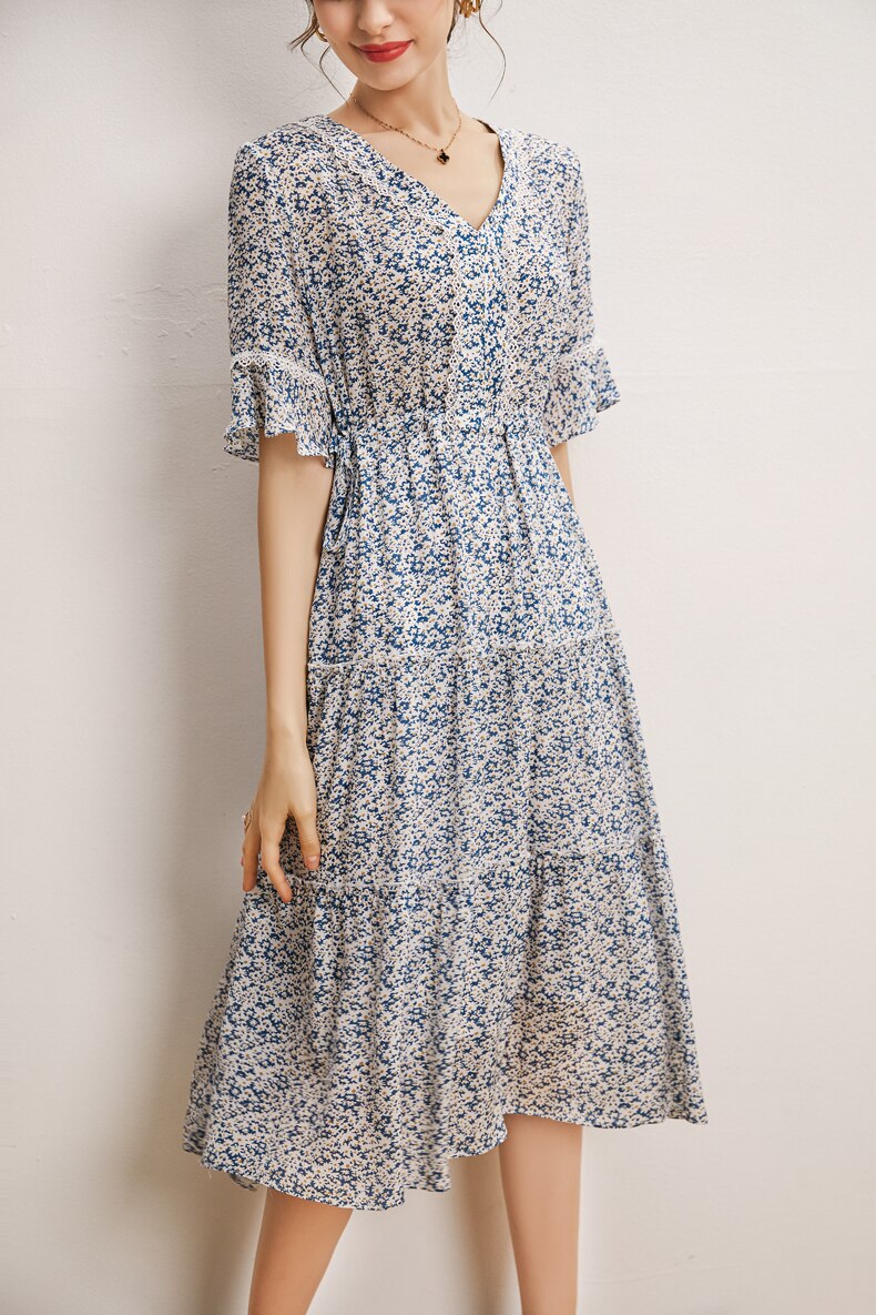 V Neck Short Sleeves Ruffles Floral Printed Holiday Dress