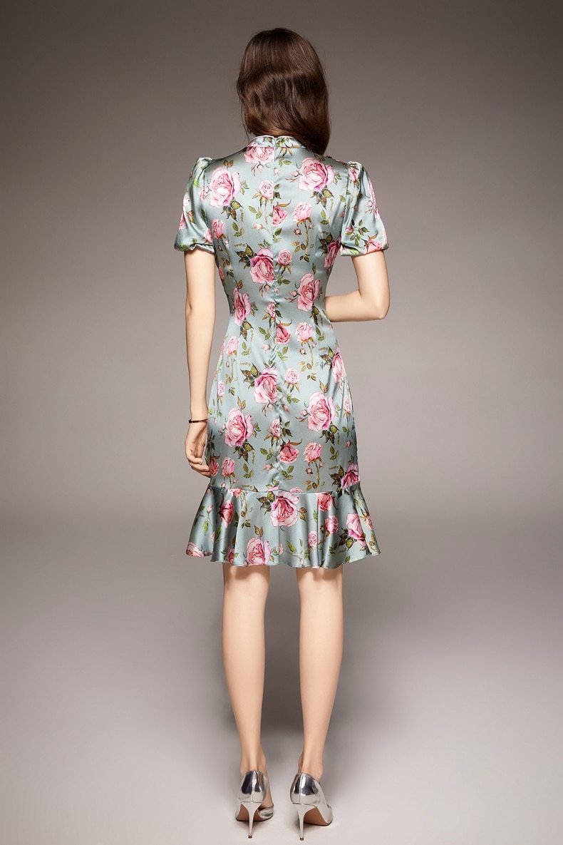 Vintage Stand Collar Short Sleeves Floral Printed Ruffles Elegant Dress Vestidos