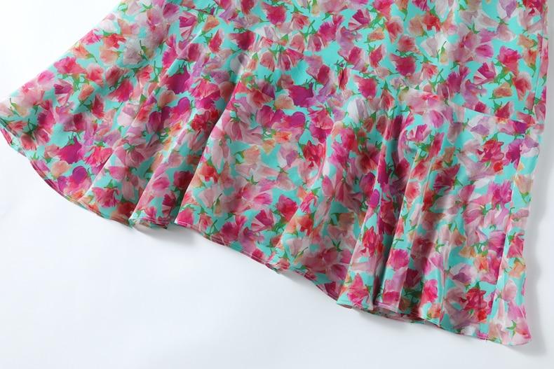 V Neck Short Sleeves Ruffles Sash Belt Printed Fashion Summer Dress