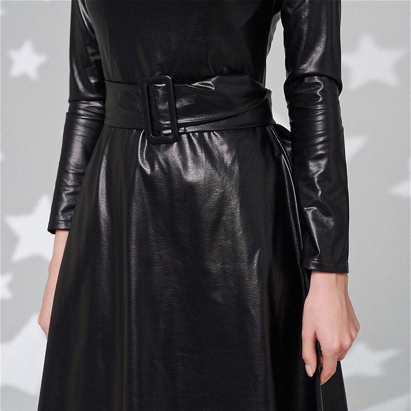 Fit And Flare Winter Dress a Line Pockets Pu Leather Midi Dress
