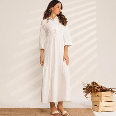 Ladies Fashion Solid Color High Waist Pleated Folds College Style Sweet Long Wild Woman Pure White Dress