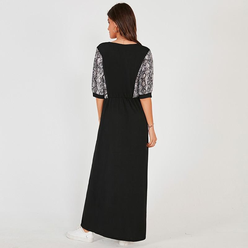 Summer New Long Dress Black Casual Fashion Snake Print Stitching Elastic Waist O-neck Half Sleeve Maxi Dresses Robe