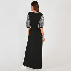 Summer New Long Dress Black Casual Fashion Snake Print Stitching Elastic Waist O-neck Half Sleeve Maxi Dresses Robe