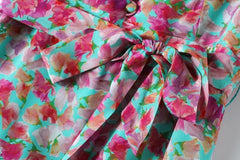 V Neck Short Sleeves Ruffles Sash Belt Printed Fashion Summer Dress