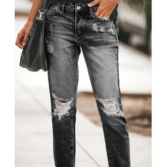 Hole Jeans High Waist Long Pants Solid Color Pocket Decor Zipper Button Placket Jeans