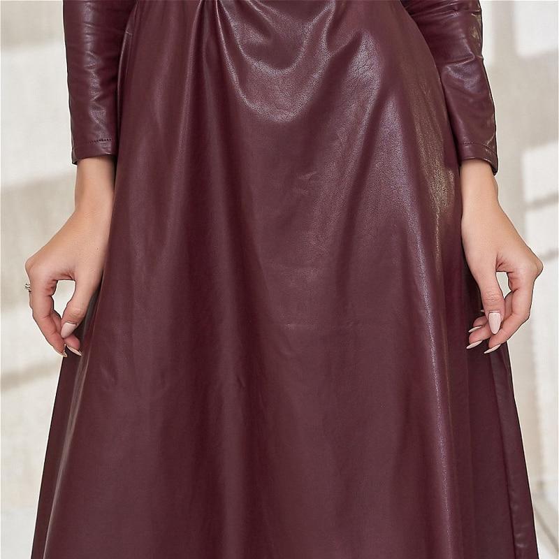 Fit And Flare Winter Dress a Line Pockets Pu Leather Midi Dress