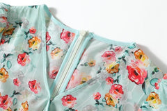 V Neck Short Sleeves Printed Sash Belt Fashion Summer Dress