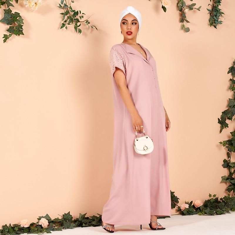 Summer Ladies Fashion Lapel Sequin Stitching Loose and Elegant Thin Arabian Powder Dress Long Dress (without Headscarf)