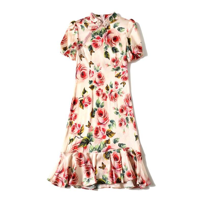Vintage Stand Collar Short Sleeves Floral Printed Ruffles Elegant Dress Vestidos