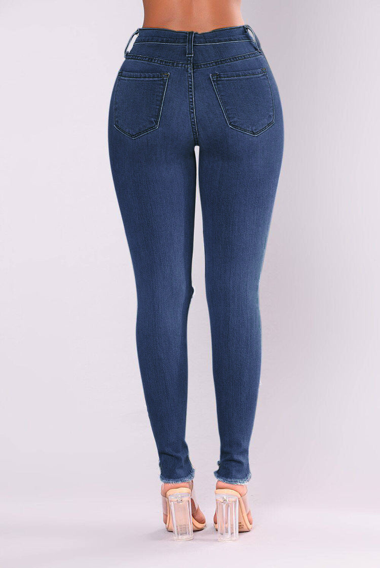 WomenJeans European and American Stretch Cotton Holes Pencil Feet Pants High Waisted Jeans