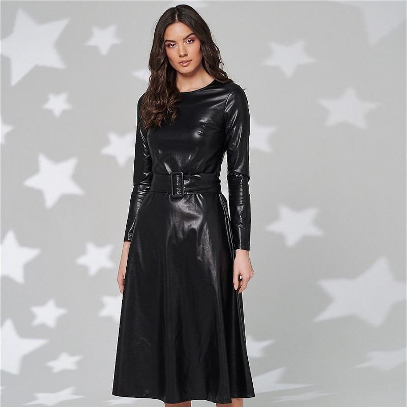 Fit And Flare Winter Dress a Line Pockets Pu Leather Midi Dress