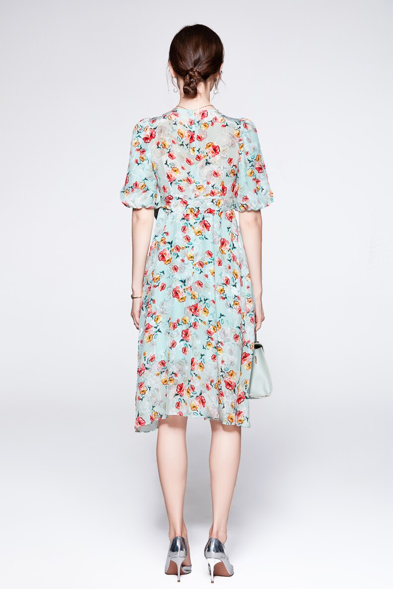 V Neck Short Sleeves Printed Sash Belt Fashion Summer Dress