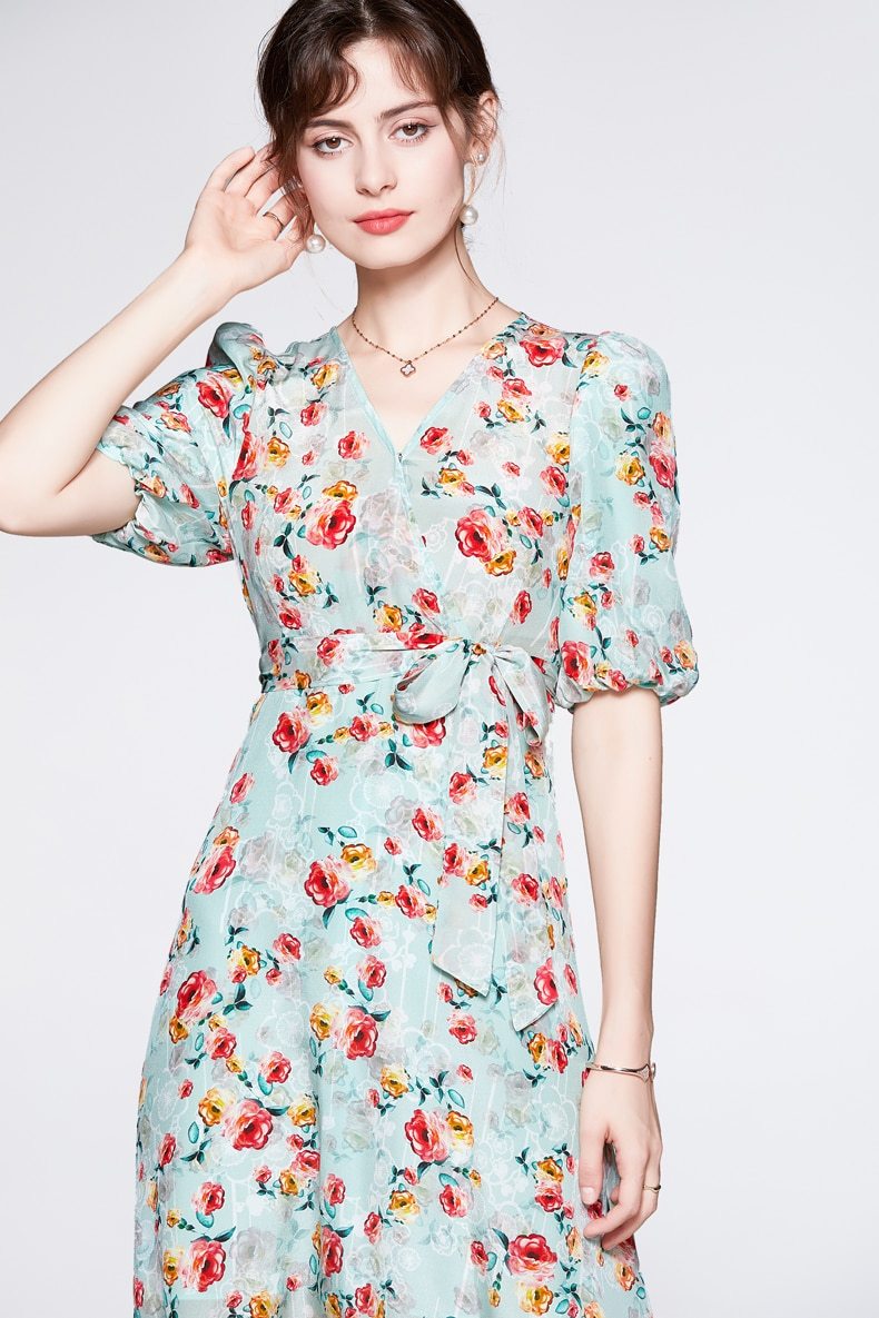 V Neck Short Sleeves Printed Sash Belt Fashion Summer Dress