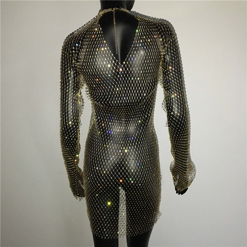 Bling Rhinestones Fishnet Mini Dress Sexy Long Sleeve Crystal Dress