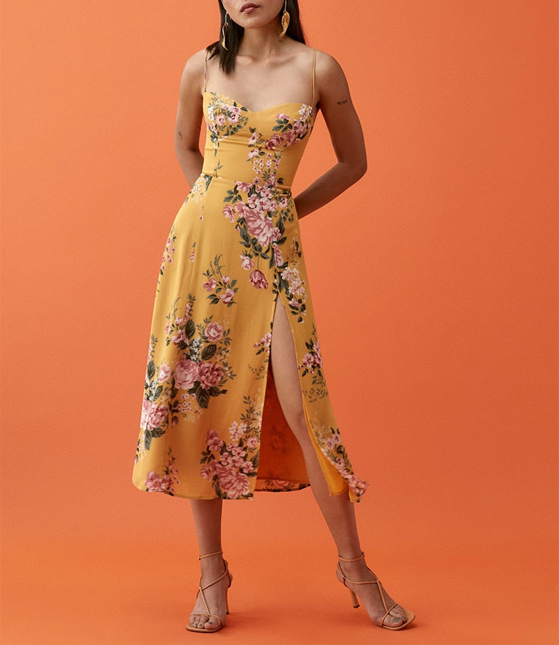 Vintage Midi Dress Side High Slit Spaghetti Strap Dress