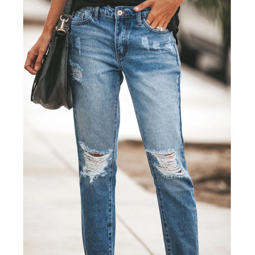 Hole Jeans High Waist Long Pants Solid Color Pocket Decor Zipper Button Placket Jeans