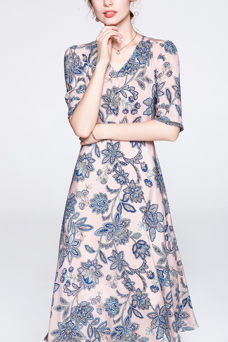 V Neck Short Sleeves Printed Ruched Fashion Summer Dress