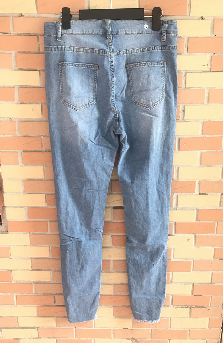 WomenJeans European and American Stretch Cotton Holes Pencil Feet Pants High Waisted Jeans
