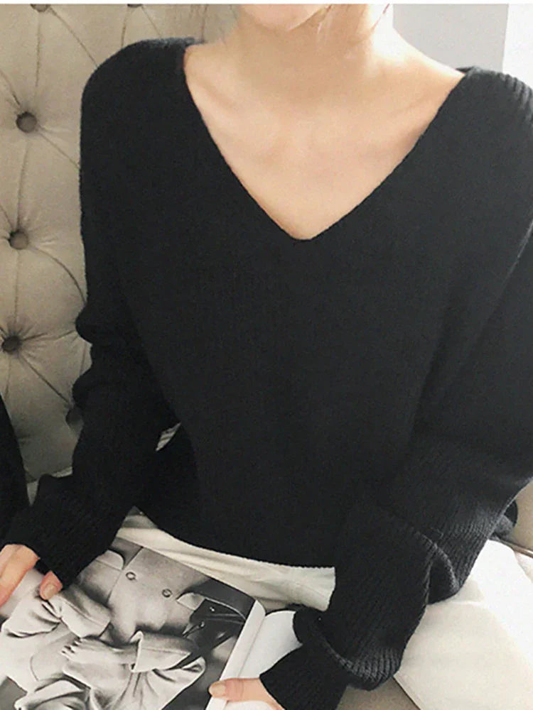 V-Neck Pullovers Knitted Long Sleeve Fleece Jumpers Soft Warm Casual Winter Sweater