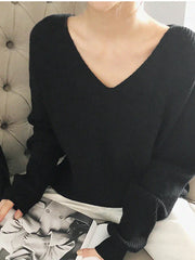 V-Neck Pullovers Knitted Long Sleeve Fleece Jumpers Soft Warm Casual Winter Sweater