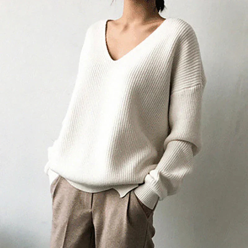 V-Neck Pullovers Knitted Long Sleeve Fleece Jumpers Soft Warm Casual Winter Sweater