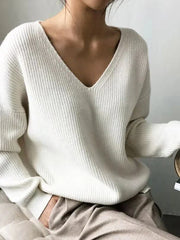V-Neck Pullovers Knitted Long Sleeve Fleece Jumpers Soft Warm Casual Winter Sweater