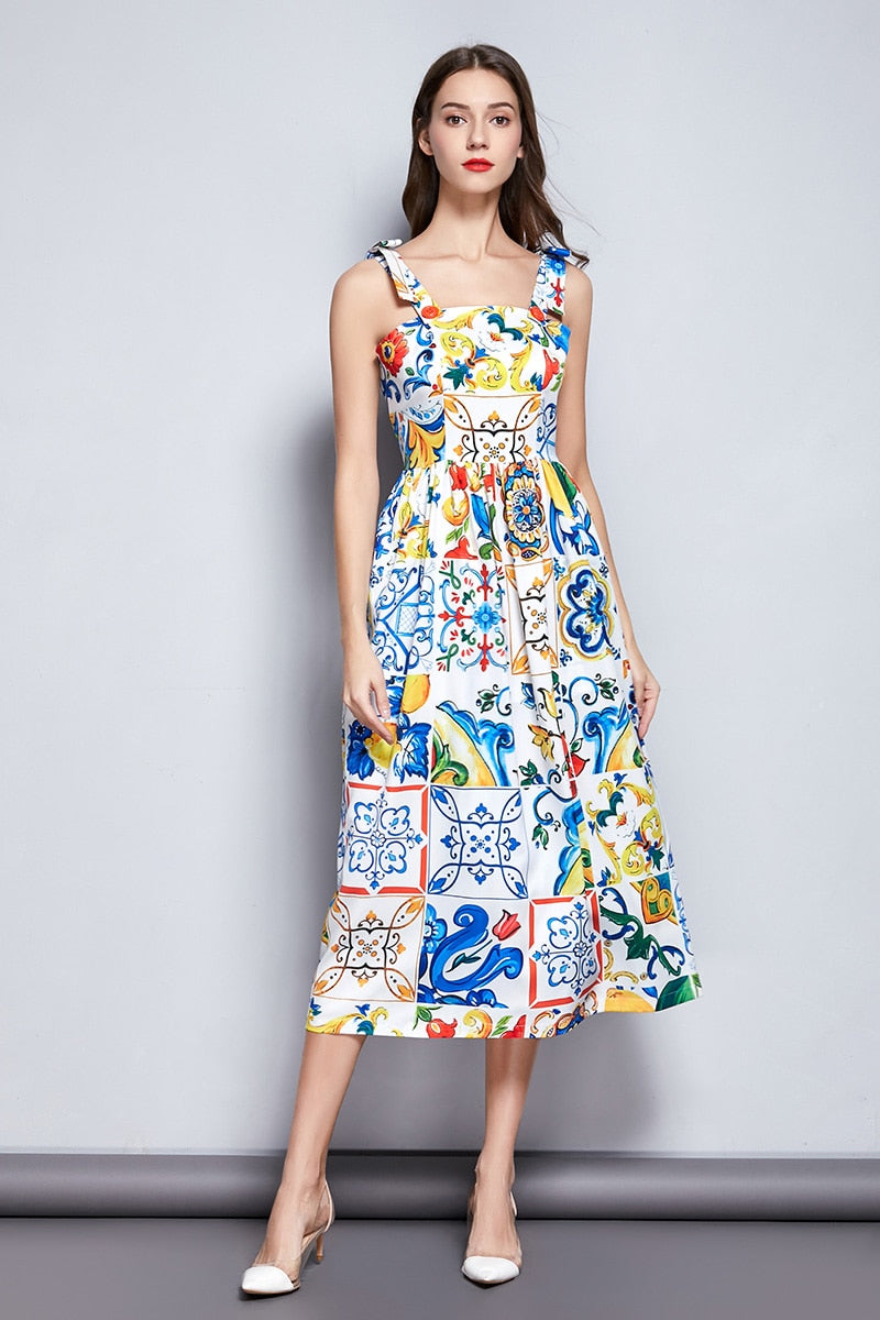 Summer Dress WomenBow Spaghetti Strap Gorgeous Floral Print Midi Cotton Dress